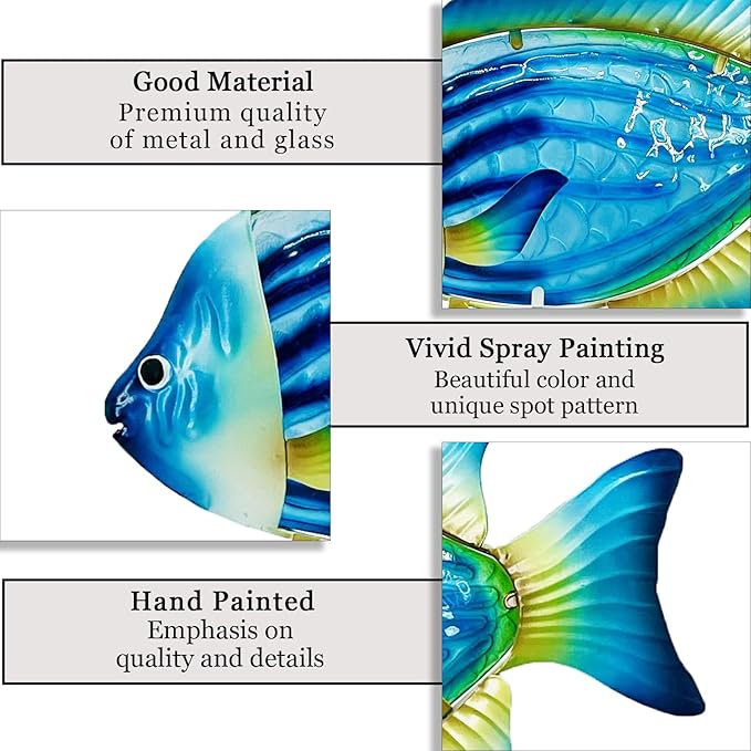 John's Studio Fish Sea Wall Decor Outdoor Metal Garden Hanging Art Glass Sculptures Home Ocean Theme Decorations for Kitchen Bathroom and Pool - Blue-VerdiqueGarden