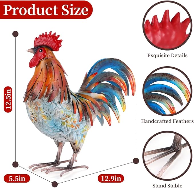 Metal Rooster Decor Garden Statue,Yard Chicken Decorations Outdoor Sculpture for Backyard Patio Kitchen Lawn Ornaments,Birthday for Women Mom-VerdiqueGarden
