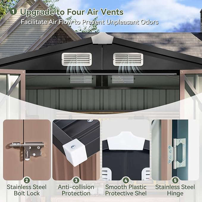 Aoxun 6.2x4 FT Shed Outdoor Storage Shed with Lockable Doors & Slooping Roof Metal Garden Tool Shed for Backyard, Patio, Poolside (Brown)-VerdiqueGarden