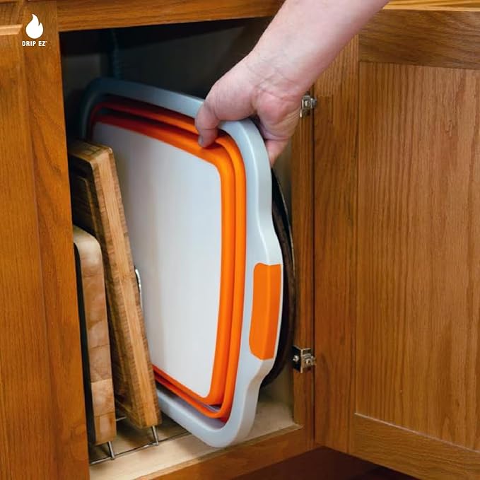 Drip EZ Collapsible BBQ Prep Tubs 3-Piece Set- For Meal Prep Marinating Food Storage - Includes Cutting Board & Lid - (1) JR - Orange + (1) OG - Orange + (1) XL - Black-VerdiqueGarden