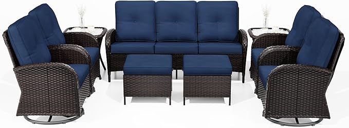 Joyside 9 Piece Patio Furniture Set, Outdoor Wicker Conversation Sets with Swivel Rocker Chairs and Sofa, Thick Cushion, Rattan Patio Sectional for Porch, Deck Use (Brown/Blue, 9 PCS)-VerdiqueGarden