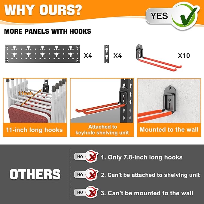 TORACK Garden Tool Organizer Wall Mount, Garage Folding Chair Storage Rack, Tools Rack for Shovels, Rakes, Broom, Ladders, Hooks for Keyhole Style Shelving Unit-VerdiqueGarden