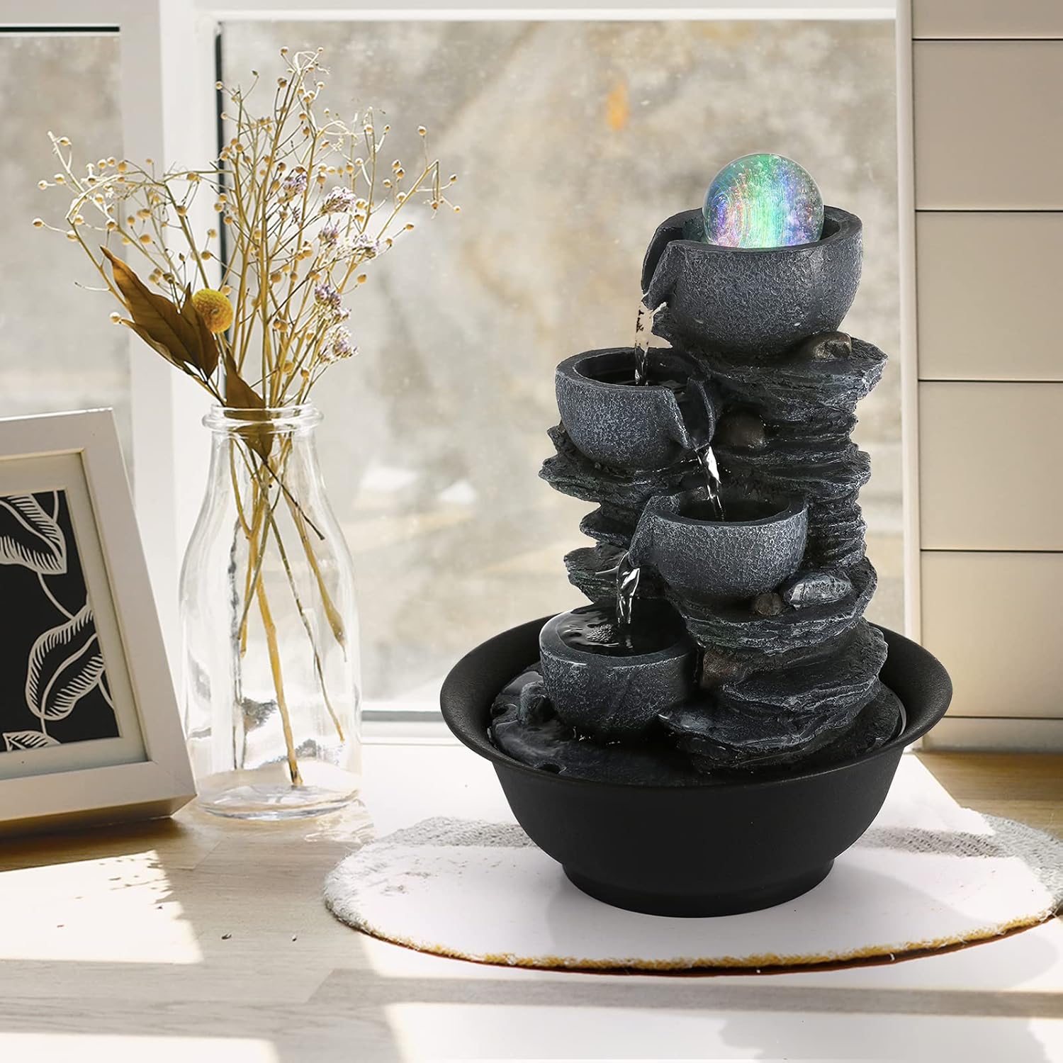 Dyna-Living Tabletop Water Fountain Indoor Waterfalls Fountains with Colored LED Light Decorative Tabletop Fountain with Automatic Pump-VerdiqueGarden