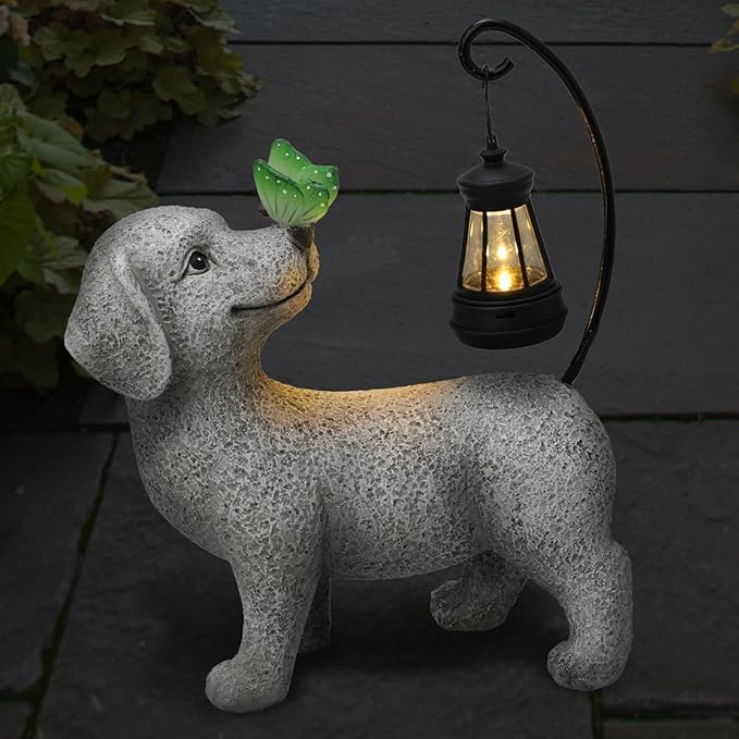 Solar Garden Outdoor Statues Dog with Butterfly Solar Lantern, Lawn Decor Puppy Figurine for Patio Balcony Yard, Yard Unique Christmas Birthdays Gift for Mom Grandma-VerdiqueGarden
