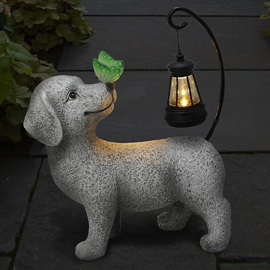 Solar Garden Outdoor Statues Dog with Butterfly Solar Lantern, Lawn Decor Puppy Figurine for Patio Balcony Yard, Yard Unique Christmas Birthdays Gift for Mom Grandma-VerdiqueGarden
