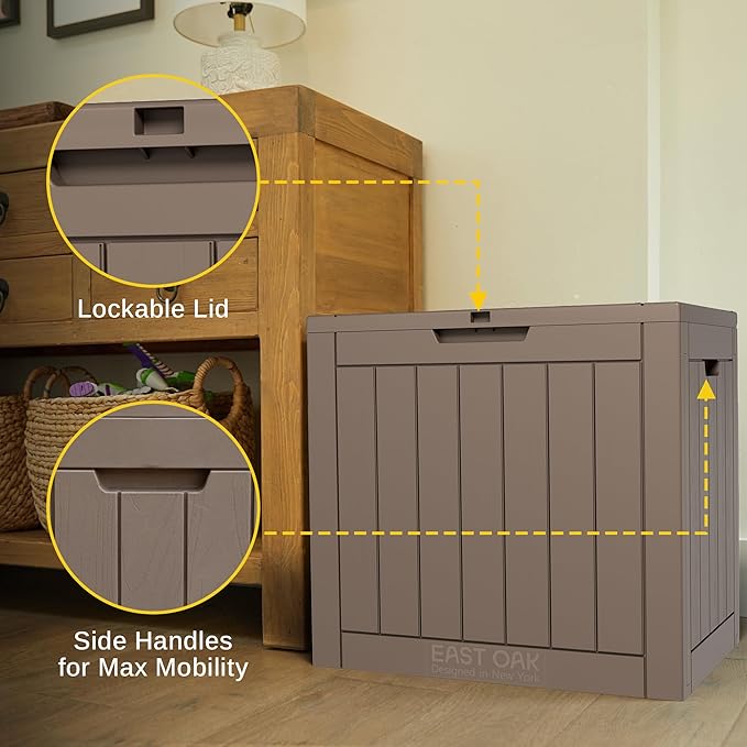 EAST OAK Outdoor Storage Box, 31 Gallon Deck Box, Waterproof Resin Storage Bin for Patio Cushions, Gardening Tools, Accessories, Lockable, UV Resistant, Brown-VerdiqueGarden