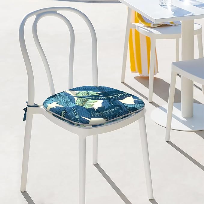 Indoor/Outdoor Chair Cushions 16x17 Inch, Patio Chair Cushions with Ties, All Weather Seat Cushions for Patio Furniture Home Garden Chair Use, Set of 4, Swaying Palms Blue-VerdiqueGarden