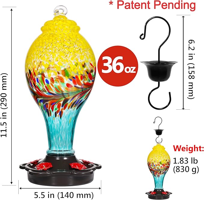 LUJII Hand Blown Glass Hummingbird Feeder for Outdoors with Ant Moat, Leak Proof & Rustproof,36 fl.oz, Metal Base Cover with 5 Feeding Ports & 5 Perches, Glass Art for Garden Decor (Blue Mixed Yellow)-VerdiqueGarden