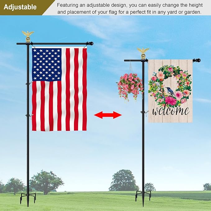 10FT Garden Flag Pole Stand for 3x5 Feet & 28x40 Inch Flags – Heavy Duty Freestanding Flagpole with 5-Prong Base – Adjustable, Lightweight Aluminum Flag Holder for Yard, Outdoor, Lawn – Black-VerdiqueGarden