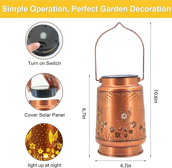 Hummingbird Solar Lantern Outdoor Hanging, Metal Bird Decor Waterproof LED Decorative Light for Garden Patio Yard Lawn Backyard Front Porch, Christmas Thanksgiving Birthday Gifts for Women Mom Grandma-VerdiqueGarden