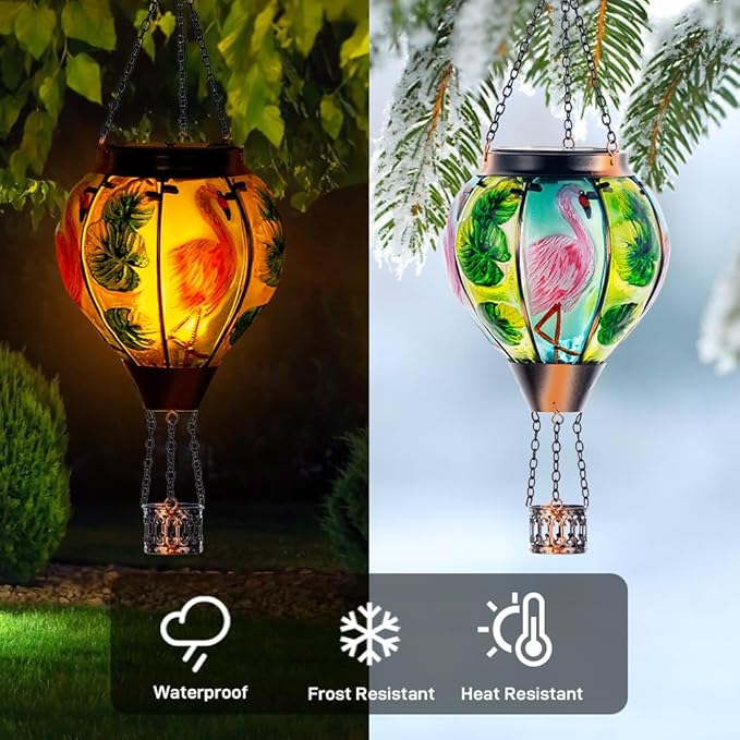 Starsoul Flamingo Hot Air Balloon Solar Lantern Solar Hot Air Balloon Flickering Flame Hanging Garden Light Metal & Glass Waterproof Lanterns for Yard Patio Farmhouse Decoration-VerdiqueGarden