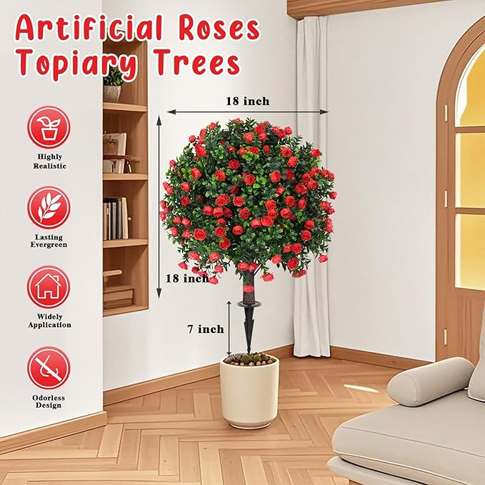 Artificial Boxwood Topiary Tree with Rose, Set of 2 Artificial Shrub Bushes with Ground Spike, Fake Evergreen Tree for Porch, Artificial Plants for Outdoor Planters Indoor UV Resistant-VerdiqueGarden