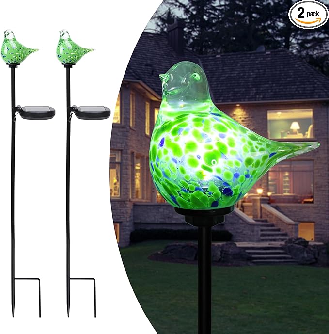 Afirst Solar Outdoor Lights Decorative Hummingbird Garden Stake Handblown Glass Stakes Outdoors Waterproof for Garden Pathway Decoration 2 Packs-VerdiqueGarden