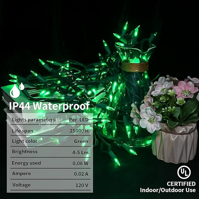 Green LED Christmas Lights - 100 Count Green Christmas String Lights for Tree, Party, Holiday, Indoor and Outdoor St. Patrick's Day Decorations, 33 Feet Green Wire, UL Certified, Connectable-VerdiqueGarden