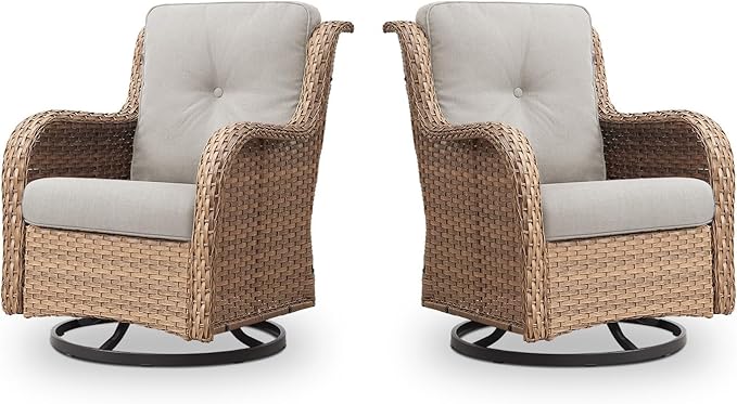 Outdoor Swivel Rocker Patio Chairs - 360 Degree Swivel Glider Seating 350LBS Weight Capacity Wicker Rocking Chairs Set of 2 with Removable Cushion for Porch Balcony Deck, Yellow/Beige-VerdiqueGarden