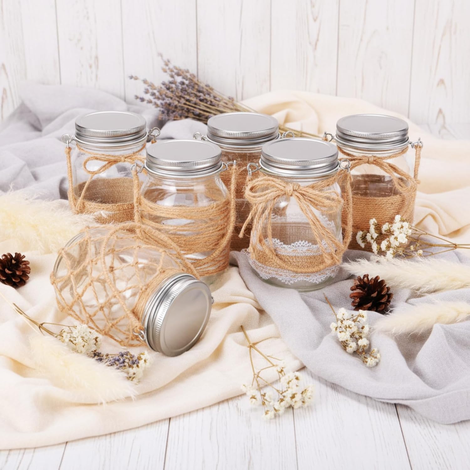 6 Pcs 5 Inch Small Hanging Mason Jars with Handles and Lids Decorative Glass Bottles Rope Net Glass Vase for Home Table Centerpiece Farmhouse Wedding Party decoration-VerdiqueGarden