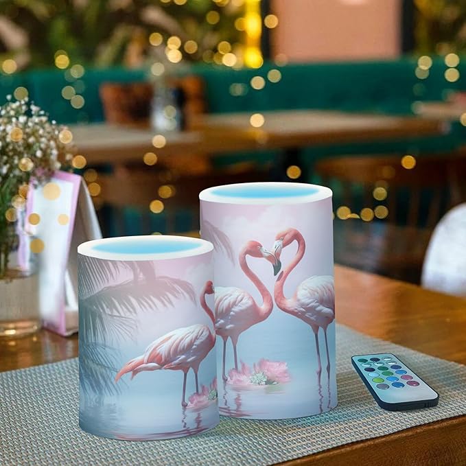 Flamingo Flameless Candles with Remote Control and Timer, Adjustable Brightness Long Lasting Battery Operated LED Pillar Candles for Indoor Outdoor Party Home Decor, 2 Pack-VerdiqueGarden