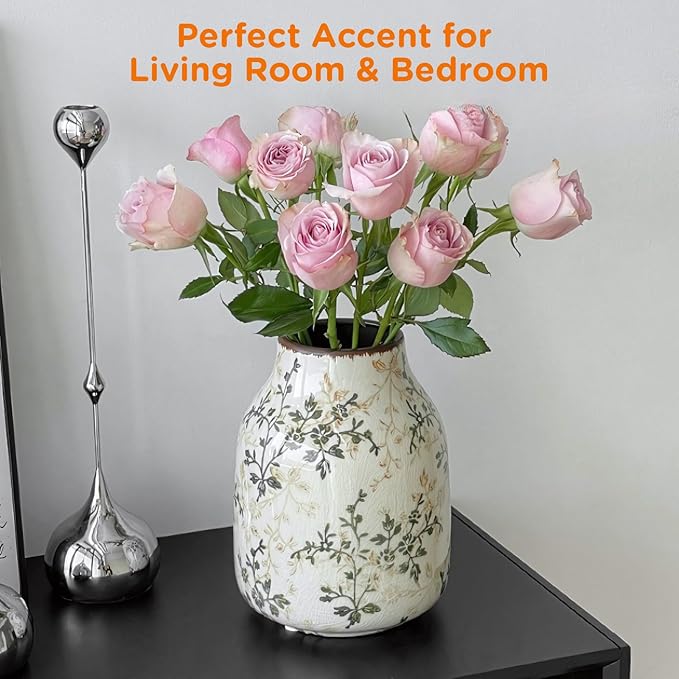 Rustic Vintage Ceramic Vase, 7.8 inch Beige and Green Decorative Vase, Aesthetic Farmhouse Pottery Vase for Home Decor, Living & Dining Room, Bookshelf, Office, TV Stand Table Decor-VerdiqueGarden