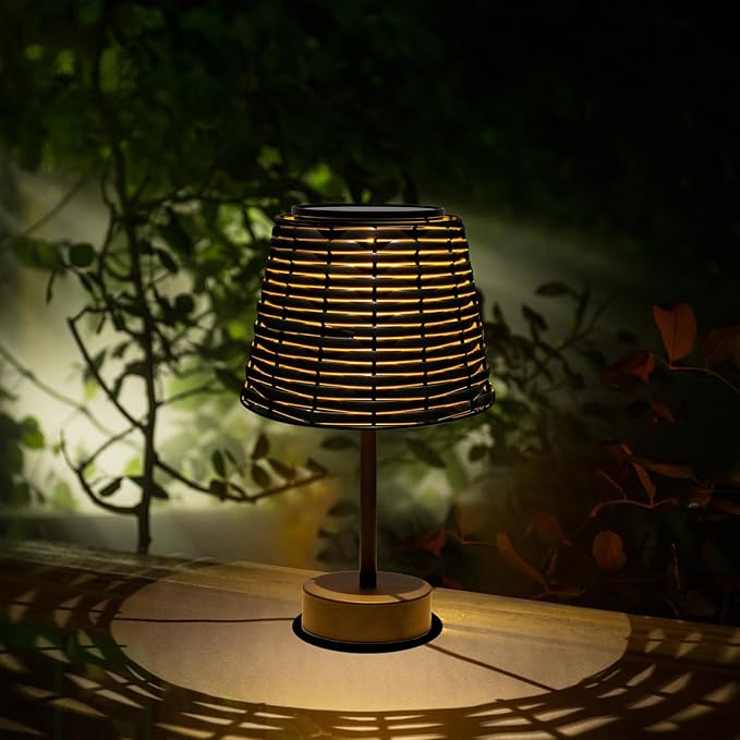 Solar Rattan Woven Desk Lamp, Outdoor Table Lamps for Patio, Garden, Bedroom, Living Room (Black)-VerdiqueGarden