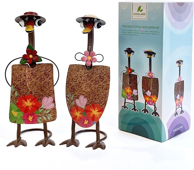 HONGLAND Duck Metal Yard Art - Duck Couple Garden Decor, Shovel Ornaments Outdoor Statue - 2 Pack Farmhouse Patio Balcony Gardening Gifts for Women-VerdiqueGarden