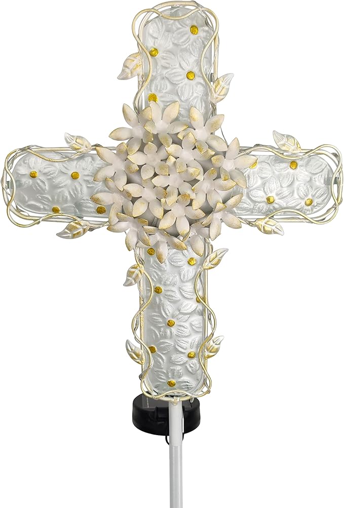 38Inch Solar Cross Garden Lights Outdoor Decorative - Solar Metal&Glass Cross White Hydrangea Flower Stake Lights- Waterproof 20 Warm White LED for Remembrance Gifts & Sympathy Gifts.-VerdiqueGarden
