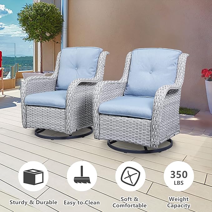 5 Piece Outdoor Patio Furniture Set - Wicker Furniture Patio Conversation Set, Outdoor Swivel Rocker Chairs with 3-Seater Sofa and 2 Ottomans for Small Space, Baby Blue Cushion-VerdiqueGarden