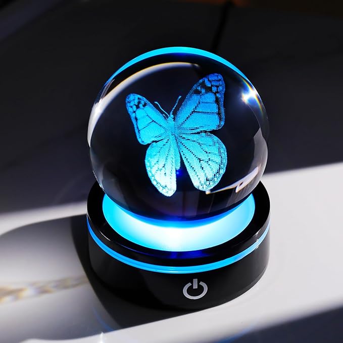 YWHL 3D Crystal Ball Butterfly Figurine with Colorful LED Base, Laser Butterfly Gifts for Women Men on Christmas Birthday, Ornament Glass Sphere Decorative Ball for Home Decor (80mm)-VerdiqueGarden