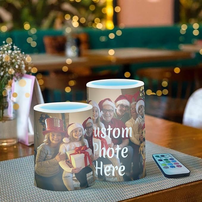 Personalized Flickering Flameless Candles, Custom Photo LED Candles Set of 2, Remote Timer Battery Operated Candle for Valentine Wedding Birthday-VerdiqueGarden