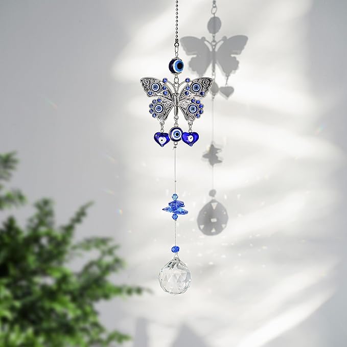 Turkish Blue Evil Eye Butterfly Wall Hanging with Crystal Suncatcher Ornament for Home Decor Protection Good Luck Blessing Housewarming Birthday Gift-VerdiqueGarden