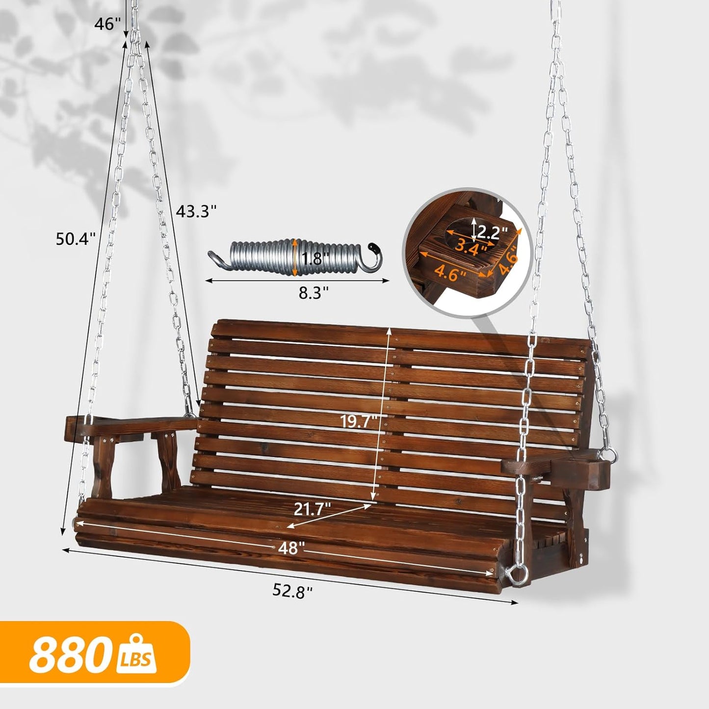 VINGLI XL Size Patio Wooden Porch Swing Outdoor with Cup Holders, Heavy Duty 880 LBS Hanging Swing Chair Bench with Hanging Chains for Yard, Lawn, Garden (4 FT Pro, Rustic)-VerdiqueGarden