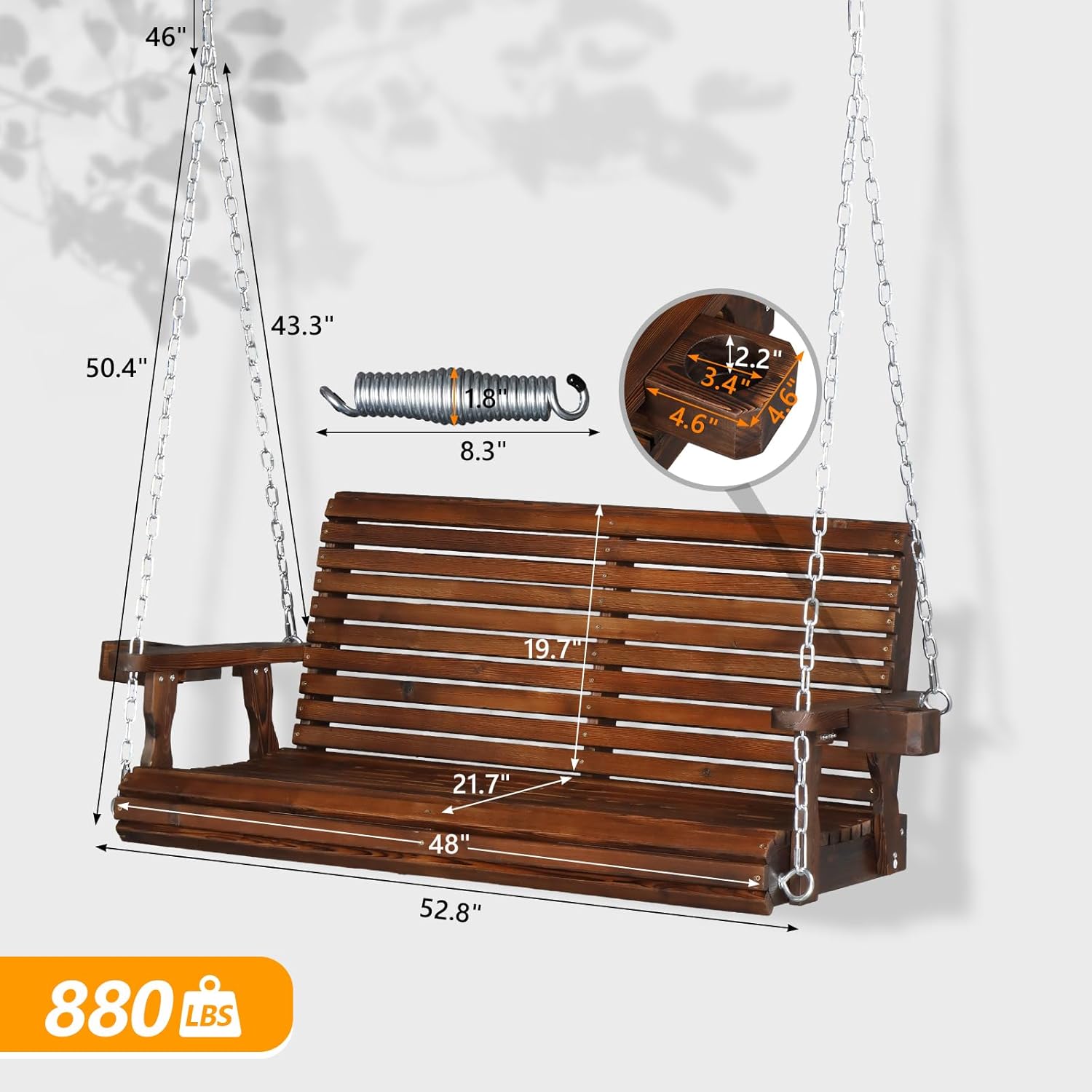 VINGLI XL Size Patio Wooden Porch Swing Outdoor with Cup Holders, Heavy Duty 880 LBS Hanging Swing Chair Bench with Hanging Chains for Yard, Lawn, Garden (4 FT Pro, Rustic)-VerdiqueGarden