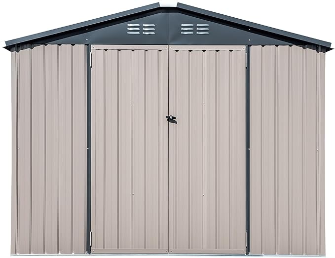 Metal Outdoor Galvanized Steel Storage Shed with Lockable Doors for Backyard or Patio Storage of Bikes, Grills, Supplies, Tools, Toys, for Lawn, Garden, and Camping, Tan (8x6)-VerdiqueGarden