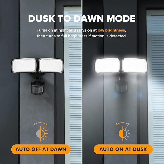 LUTEC 38W 3500 Lumen LED Motion Activated Integrated Dual-Head Floodlight Outdoor with Motion Sensor, 5000K Daylight, Dusk to Dawn, Exterior Security Wall Light for Patio, Garden, Yard(Black)-VerdiqueGarden