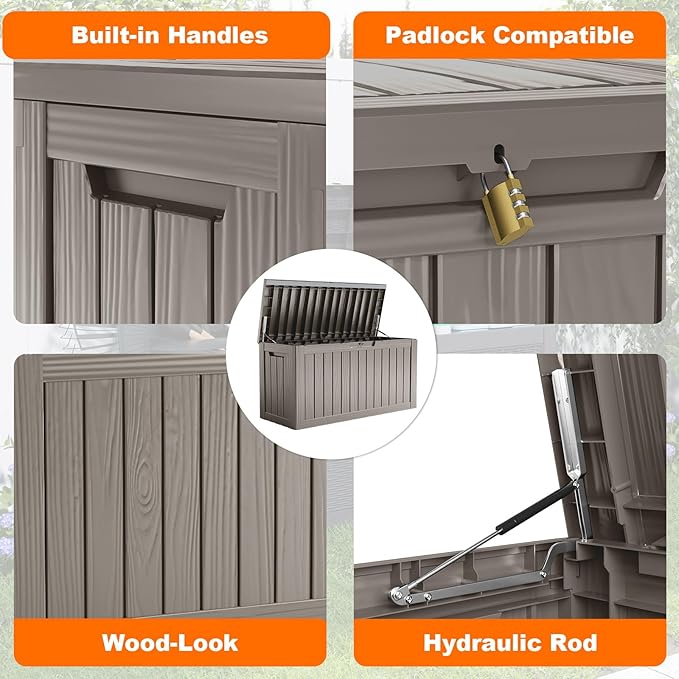 80 Gallon Resin Deck Box, Lockable Patio Outdoor Storage Box for Furniture, Garden Tools and Tools Storage, Waterproof Outside Storage Boxes - Grey-VerdiqueGarden