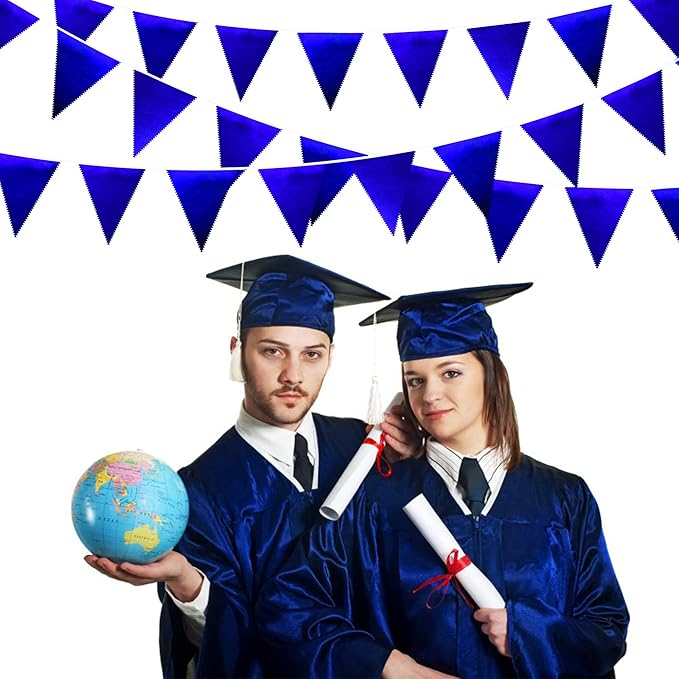 Royal Blue Party Decoration Navy Blue Triangle Pennant Banner Flag Dark Blue Metallic Fabric Bunting Garland for Graduation Wedding Retirement Bridal Shower Birthday Nautical Ahoy Achor Party Supplies-VerdiqueGarden