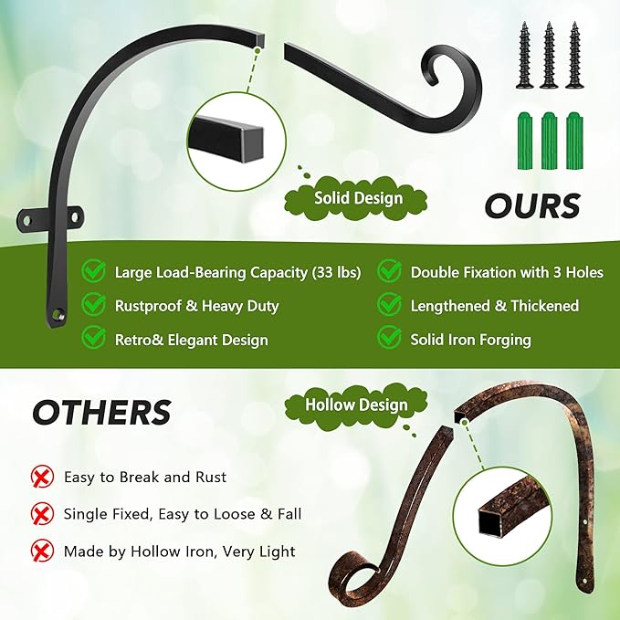 HOOPLE Plant Hangers Outdoor Heavy Duty 2 Pack, Extra Long 12 Inch Cast Iron Hanging Plant Bracket, Metal Black Plant Brackets Hook for Hanging Flower Baskets, Hanging Bracket, Elegant Design-VerdiqueGarden