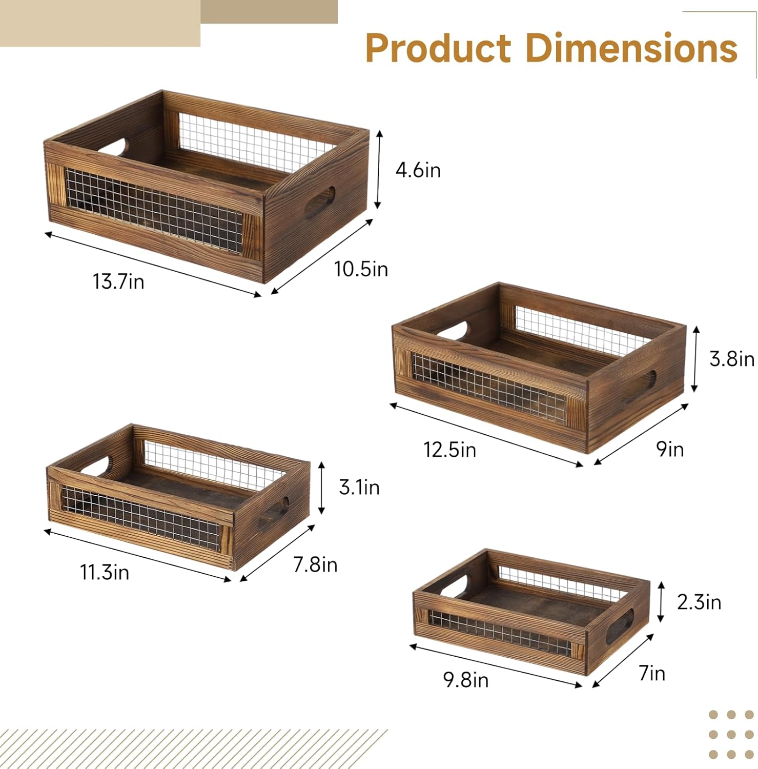 4 Pcs Wooden Nesting Countertop Baskets, 4-Size Rustic Storage Boxes, Wood Wire Containers with Handles, Multipurpose Decorative Organizer Crates for Fruits, Veggies, Kitchen, Pantry-VerdiqueGarden