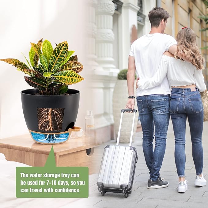 10/9/8 inch Self Watering Pots, Set of 3 Plastic Planters with Mesh Drainage Holes and Deep Reservoir for Indoor Outdoor Garden Plants and Flowers, Black with Brown-VerdiqueGarden