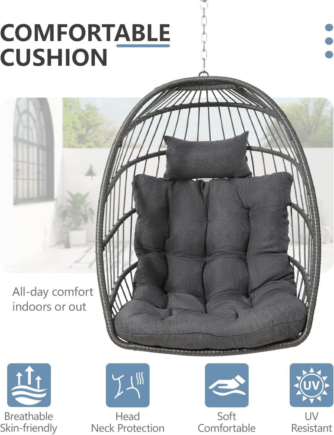 SWITTE Egg Chair Outdoor with Stand, Indoor Wicker Hanging Egg Swing Chair with Cushion, 350lbs Capacity for Patio, Bedroom, Garden - Dark Grey-VerdiqueGarden