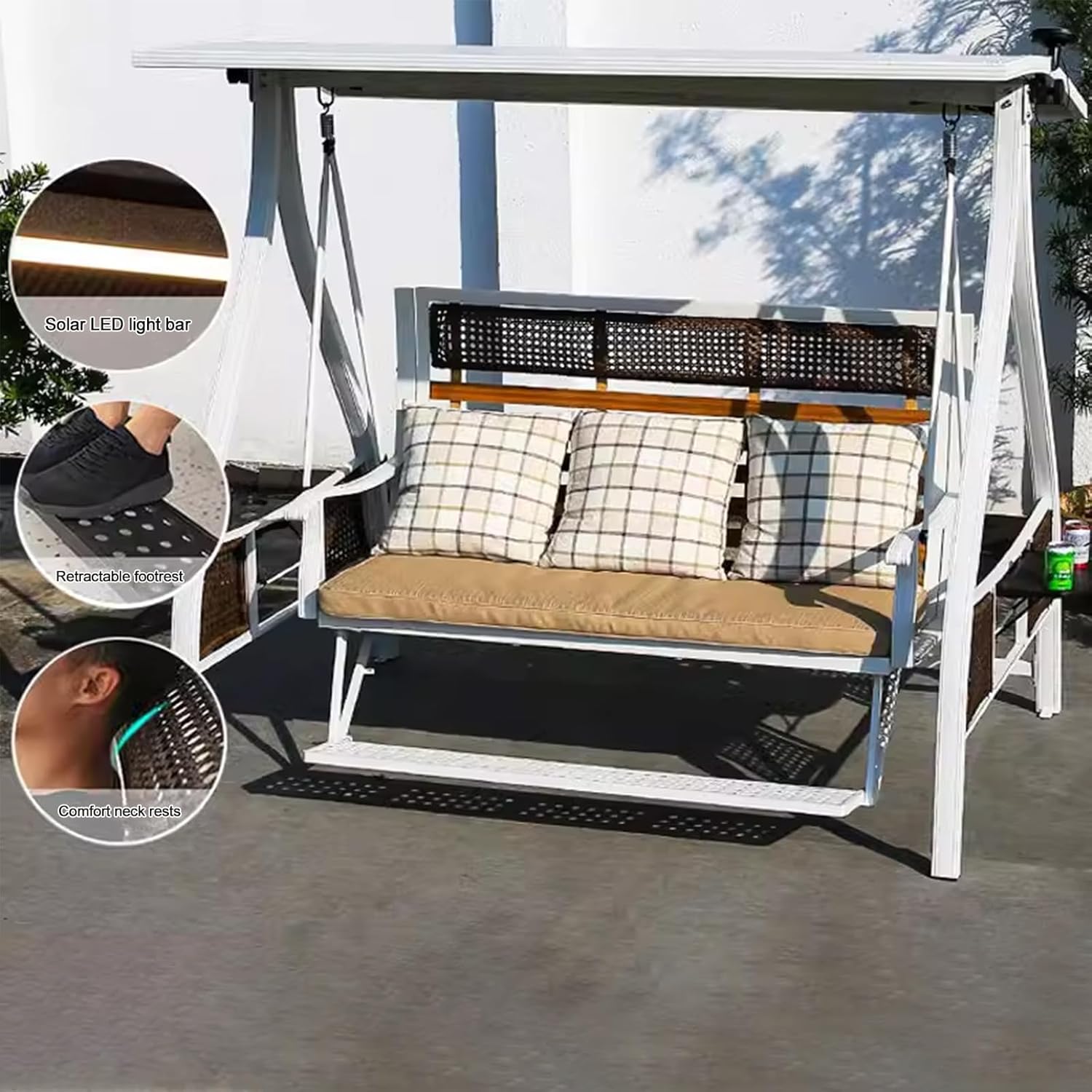 2/3-Seat Outdoor Patio Porch Swing with Adjustable Aluminum Alloy Canopy Solar Patio Swing Chair Bench with Footrest Side Cup Holder for Backyard Lawn (Himalaya White-3 Seat)-VerdiqueGarden