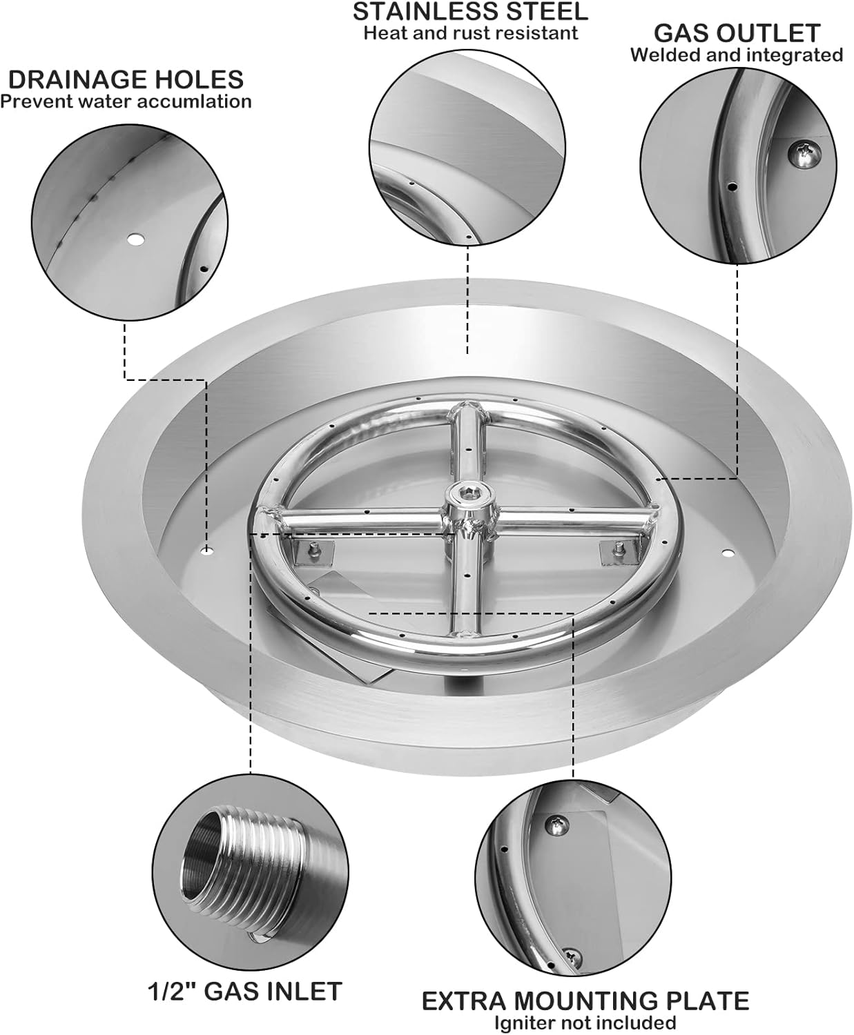 Stanbroil 13-Inch Drop-in Fire Pit Burner Pan, Round Fire Pit Insert for Propane & Natural Gas DIY Fire Table, Stainless Steel Firepit, BTU 88,000 Max-VerdiqueGarden