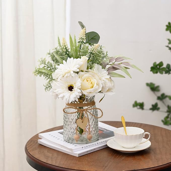 Artificial White Flowers with Vase, Fake Flowers Arrangement for Home Decor, Faux Flowers for Farmhouse Coffee Table Decor, House Kitchen Centerpiece Table Decorations-VerdiqueGarden
