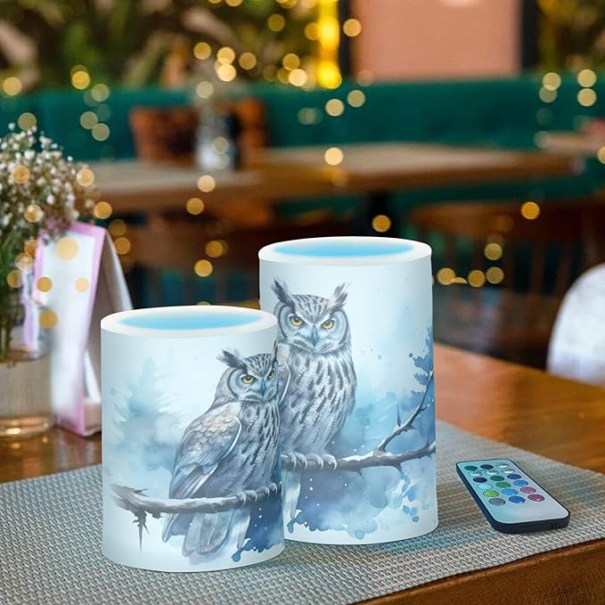 Flickering Flameless Candles, Owl on Tree LED Candles with Remote Timer, Set of 2 Battery Operated Candle for Valentine Wedding Birthday-VerdiqueGarden