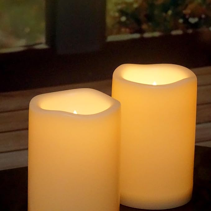 Waterproof Outdoor Flameless Candles with Remote, Set of 2, Large 4” x 6” Battery Operated Electric LED Pillar Candle Set for Home Décor Party Wedding Supplies Garden Christmas Decoration Gift-VerdiqueGarden
