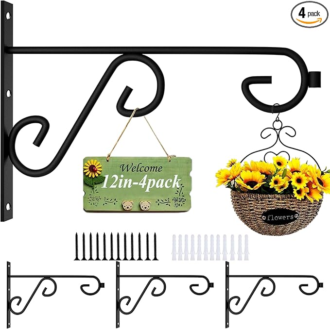 Plant Hanger Hook 4 Pack Hanging Basket Hooks,12in Metal Plant Wall Hanger,Plant Bracket Hook for Hanging Flower Baskets,Outdoor & Indoor Plant Hook Black-VerdiqueGarden