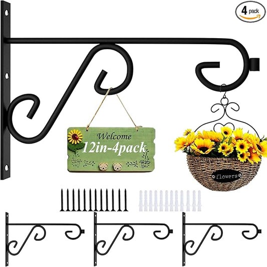 Plant Hanger Hook 4 Pack Hanging Basket Hooks,12in Metal Plant Wall Hanger,Plant Bracket Hook for Hanging Flower Baskets,Outdoor & Indoor Plant Hook Black-VerdiqueGarden
