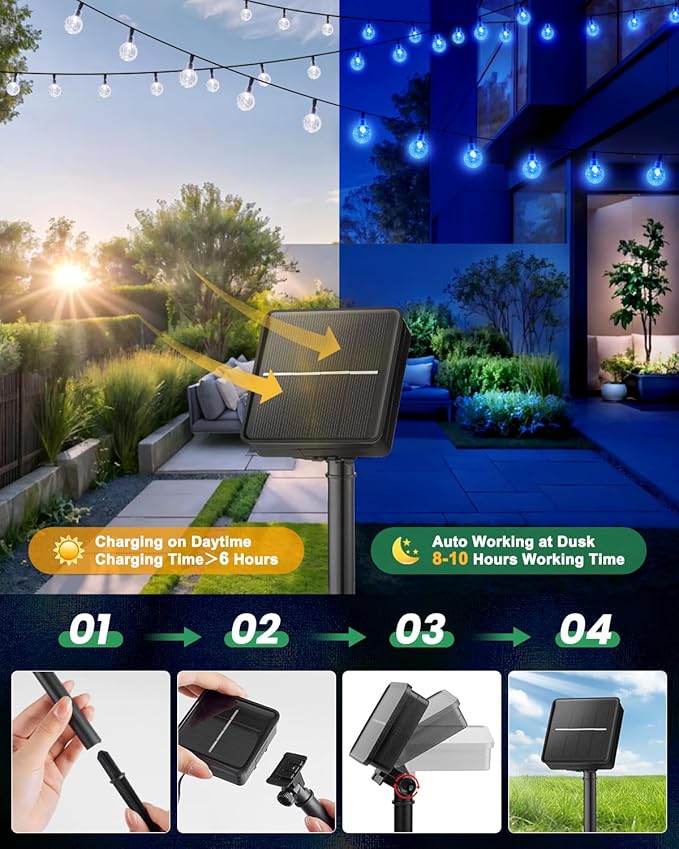 Brightown Solar String Lights Outdoor 60 Led 35.6 Feet Waterproof Solar Powered Patio Lights with 8 Lighting Modes for Garden Yard Porch Wedding Party Decor Halloween (Blue)-VerdiqueGarden