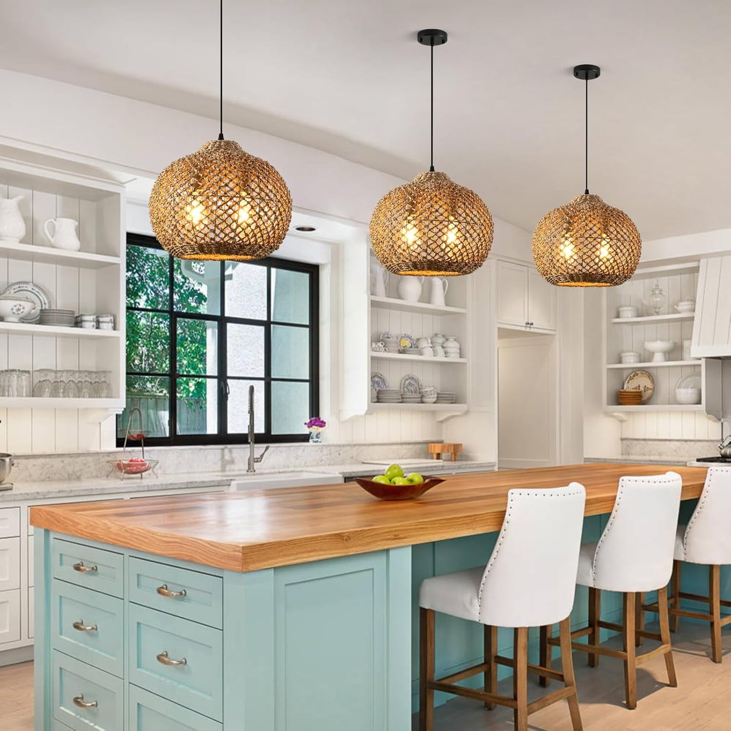 13.79" Rattan Pendant Light, Boho Handmade 2-Light Wicker Chandelier, for Kitchen Island, Bedroom, Dining Room, Entryway, Foyer-VerdiqueGarden