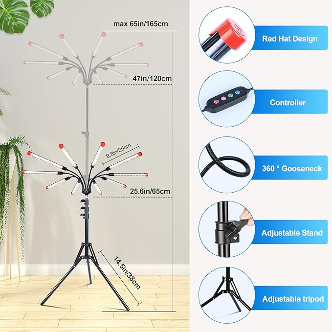 10-Head Grow Lights for Indoor Plants with Stand 90W, LED Plant Grow Light for Tall Houseplants, Bonsai Tree, Full Spectrum Growing Lamp with 4,8,12 Hr Timer, 24"-64" Adjustable Height-VerdiqueGarden