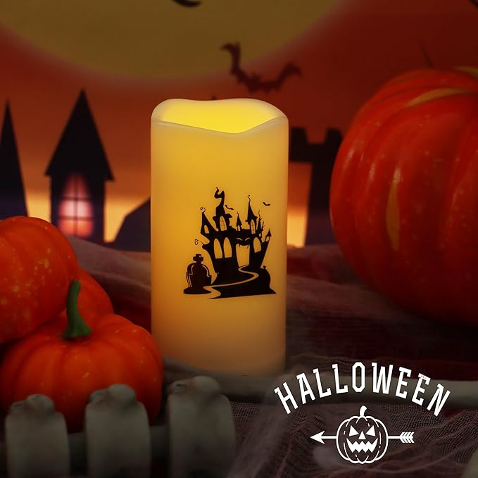 Halloween Outdoor Battery Operated Flameless Pillar Candles with Auto Daily Timer Waterproof Realistic Flickering Electric LED Lights with Spider Castle Decals Halloween Decorations 2 Pack 3X6”-VerdiqueGarden